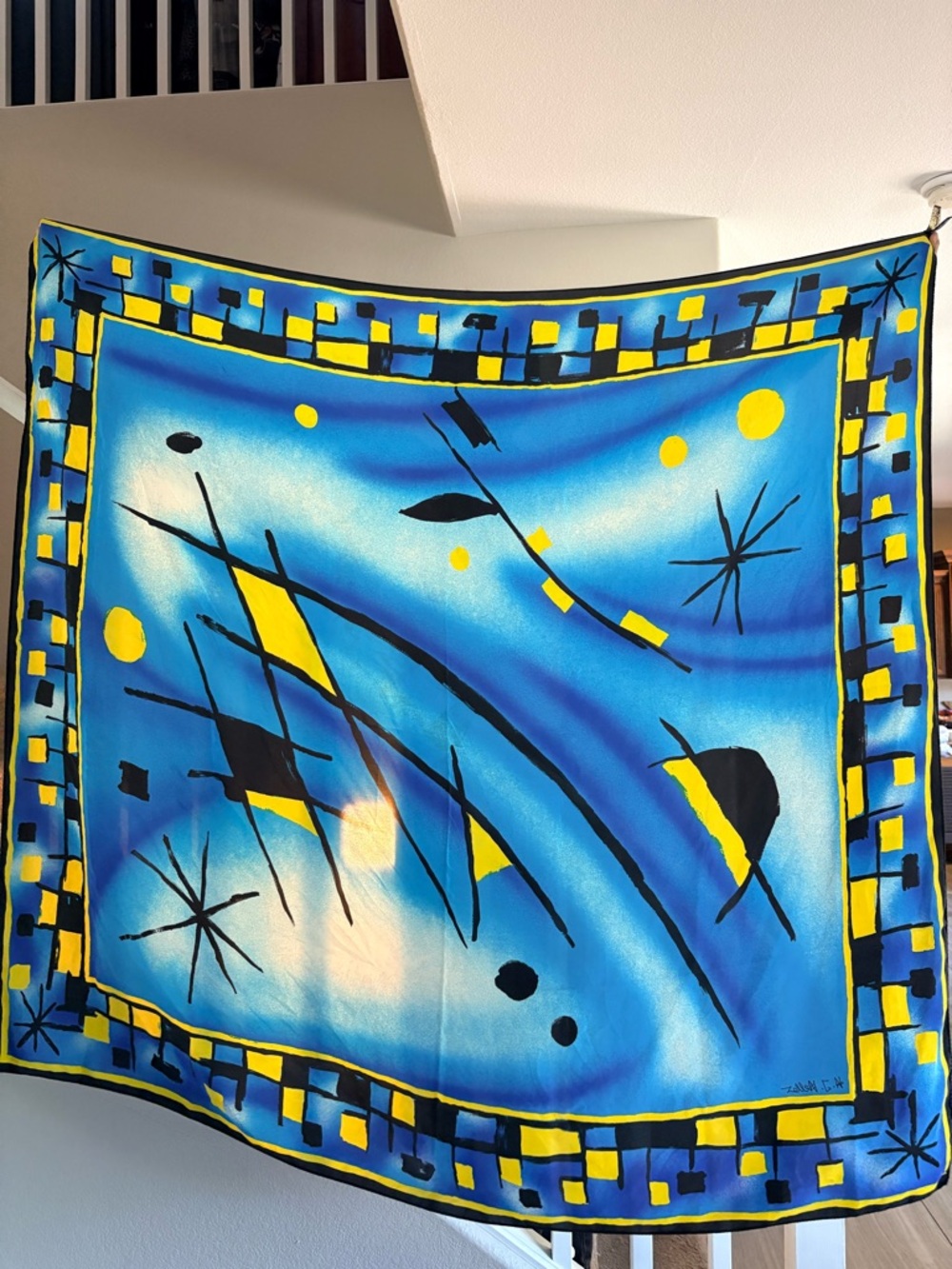 VTG Sunflair Italy MCM Signed‎ H.J. Heller Large Silk Scarf Abstract Blue Yellow